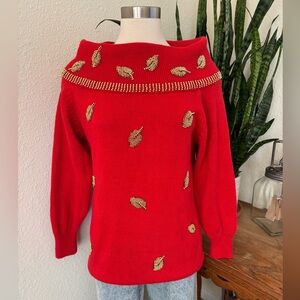Vintage Red Beaded Leaf Sweater Ramie Cotton Knit‎ Fall Holiday teacher small